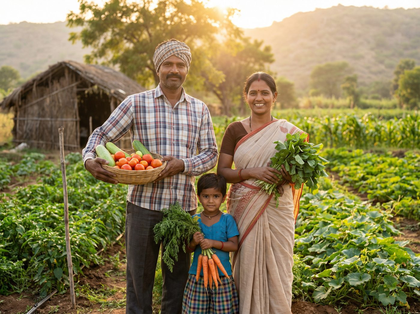 Farming family with organic produce