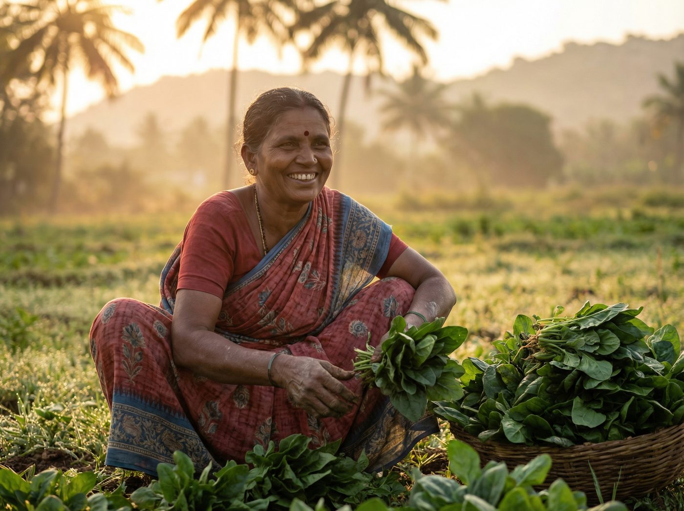 Indian farmer woman harvesting vegetables