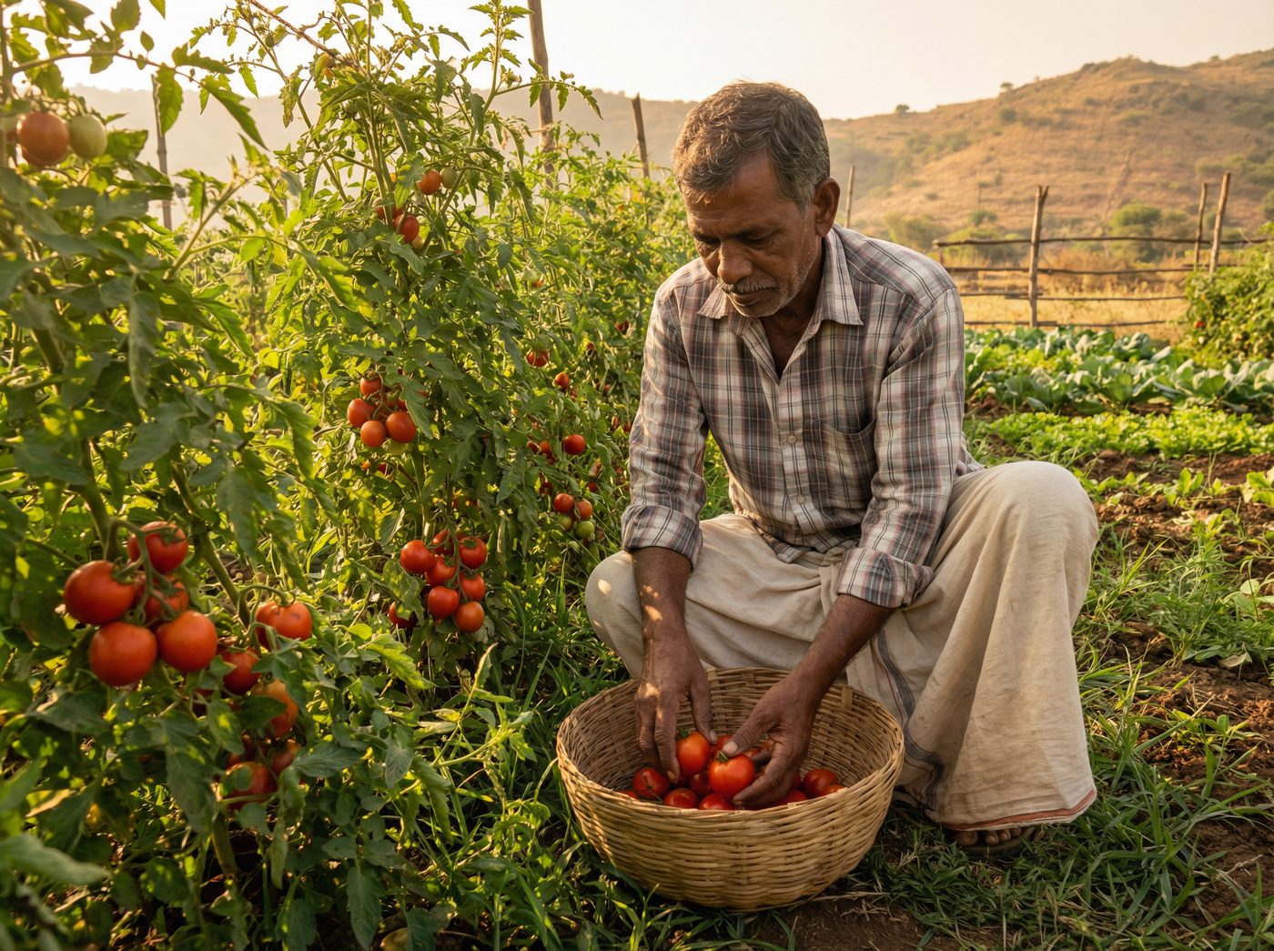 Farmer picking tomatoes