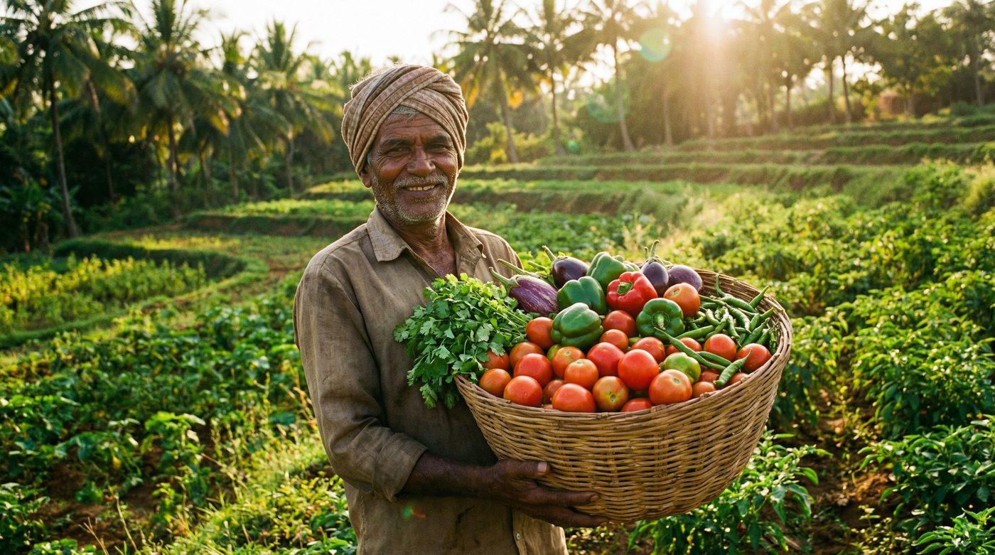 Indian farmer with fresh vegetables